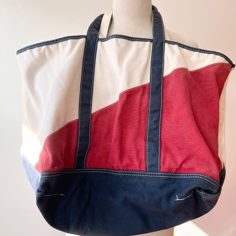 Vintage L.L. Bean large Canvas Boat Tote red white and blue - Picture 5 of 11